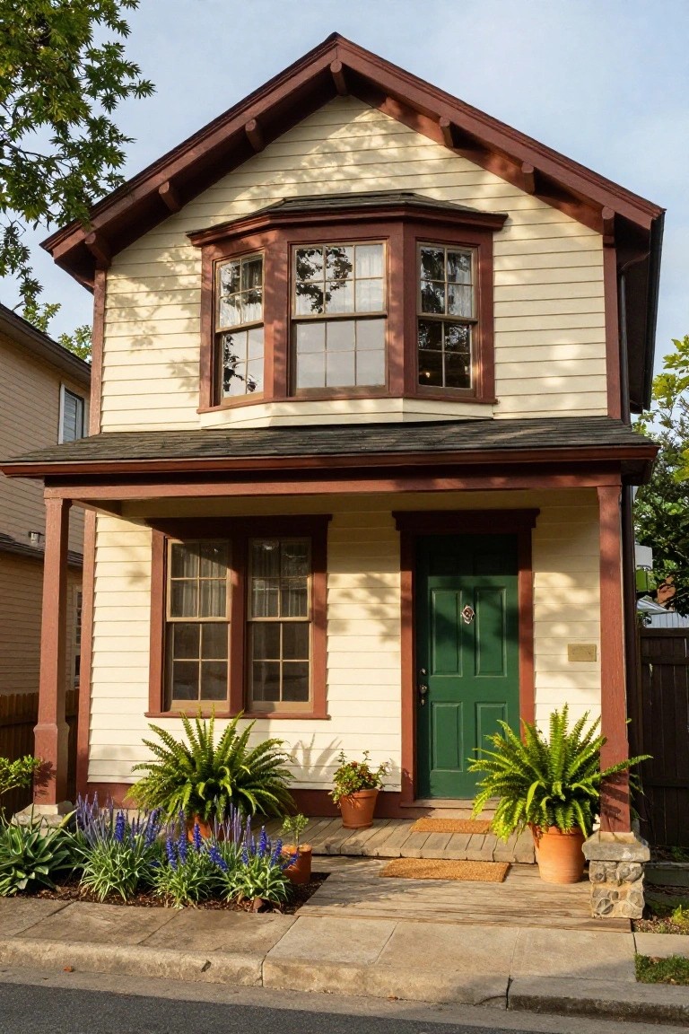 Two-story cream clapboard house with red trim, octagonal bay window, covered porch, green front door, large potted ferns flanking the steps, and assorted plants along the sidewalk.
