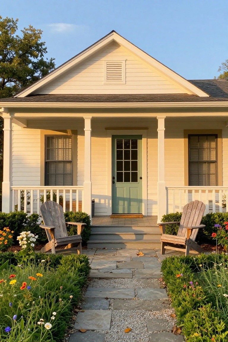 Cream clapboard colonial house with gabled roof, white porch columns and railing, teal nine-light door, flanked by shuttered windows, two weathered Adirondack chairs on porch steps, stone pathway lined with flower beds and shrubs.