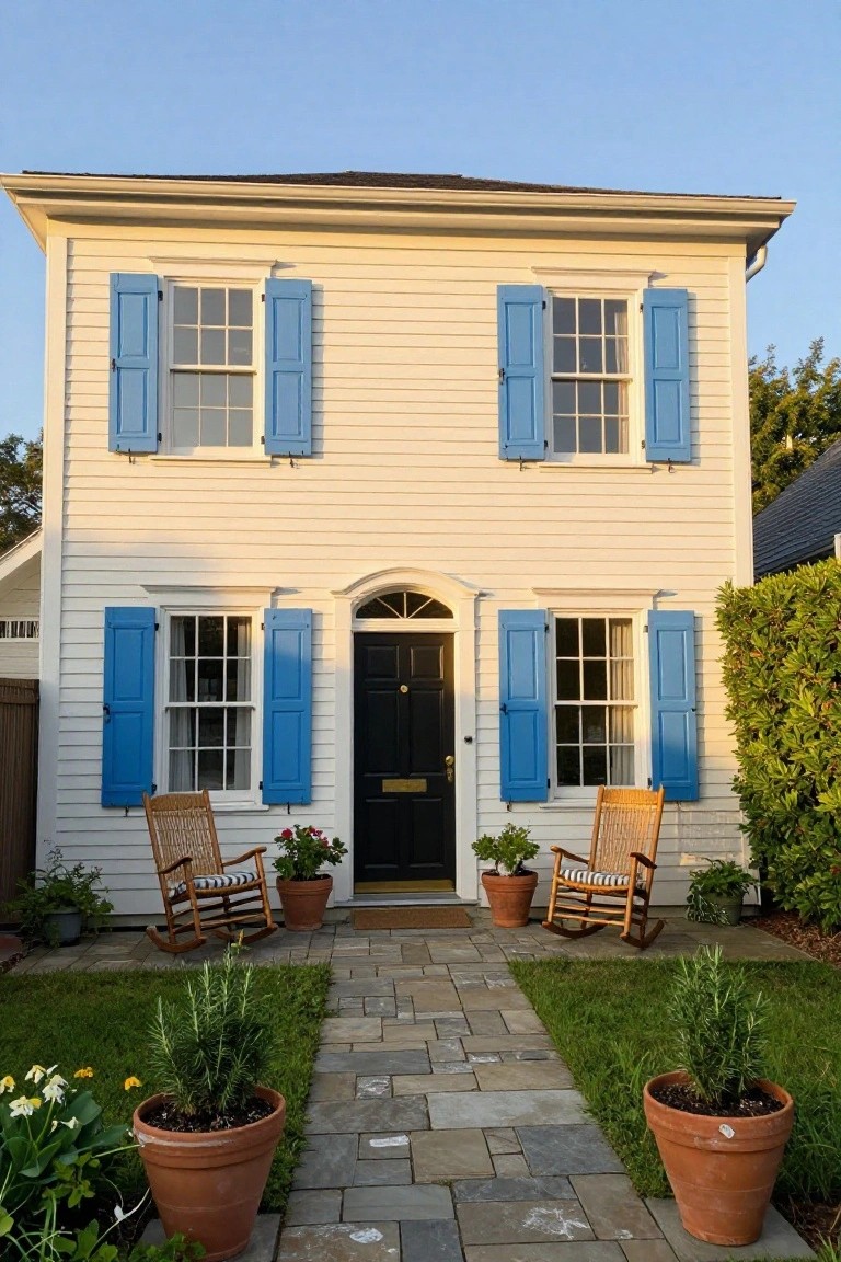 Two-story cream clapboard house with blue shutters, black front door, wicker rocking chairs, and potted plants along a stone walkway.