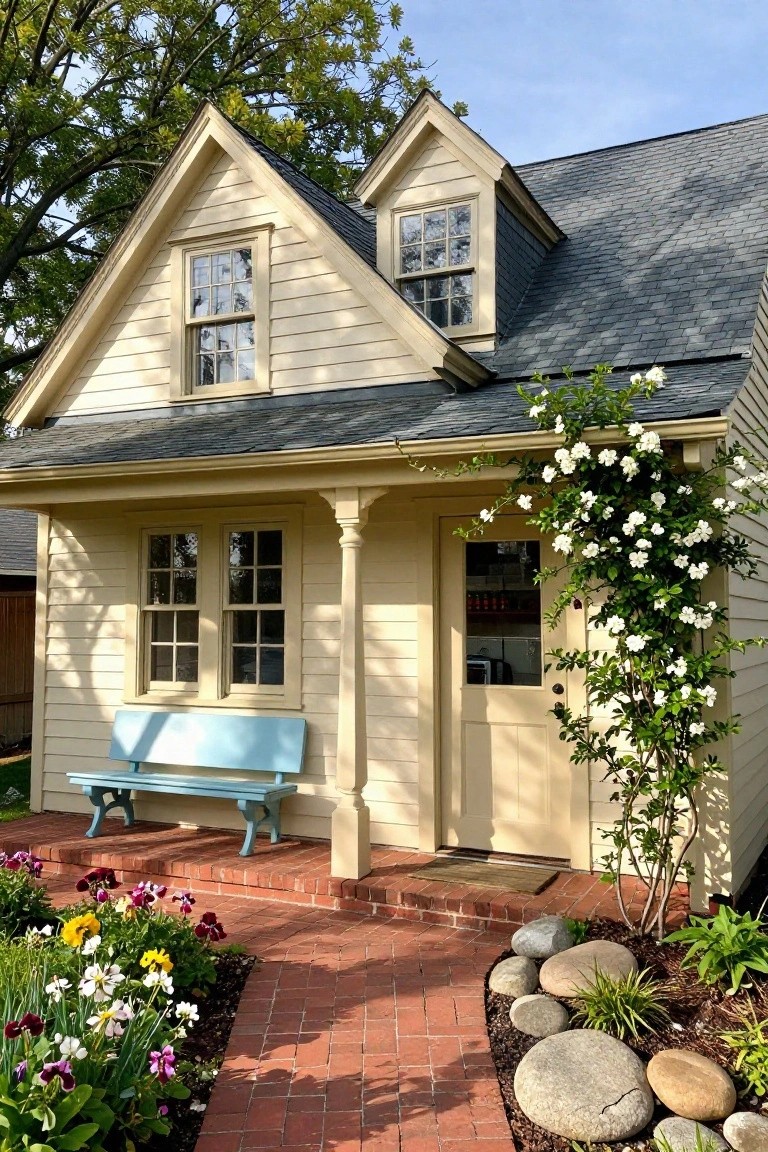 Cream clapboard house with gabled dark shingled roof, covered porch, blue bench, glass-paneled door, climbing white roses on one side, brick walkway, and flower beds with rocks.