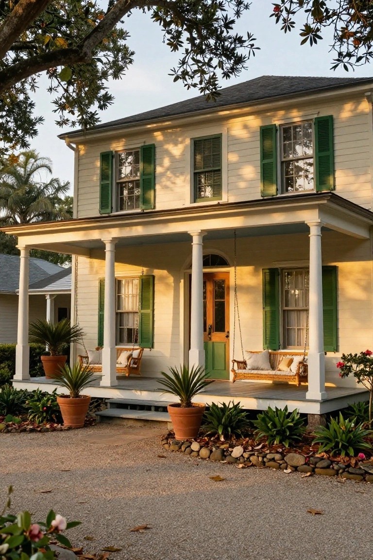 Two-story cream clapboard colonial house with dark green shutters, white porch columns, wooden swing, potted palms, and gravel driveway edged in rocks and plants.