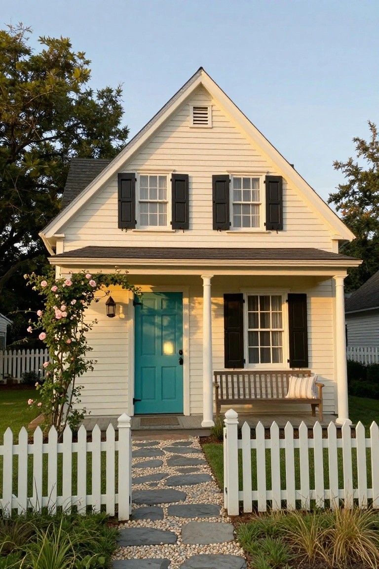 Cream clapboard colonial house with gabled roof, black shutters on windows, turquoise front door under a covered porch with columns and bench, climbing pink roses on one side, white picket fence, and stone pathway in front yard.