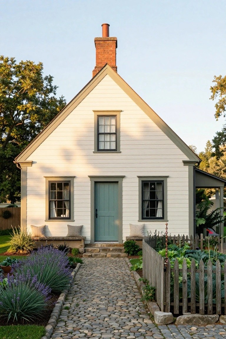 Cream clapboard colonial house with gabled roof, brick chimney, dark green window frames, teal front door, side benches with pillows, cobblestone path, lavender plants, picket fence, and vegetable garden.