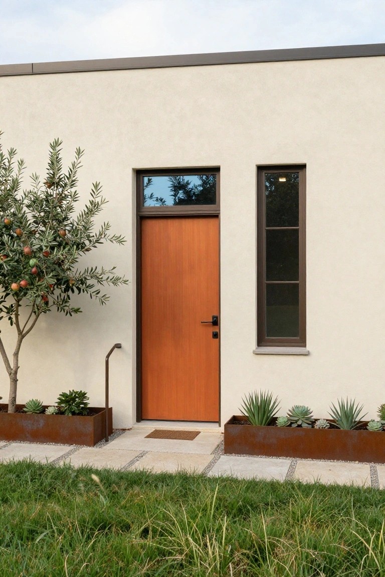 Cream stucco house exterior featuring a vertical orange wood front door, flanked by a small olive tree on one side and corten steel planters with succulents on the other, concrete entry path and steps.