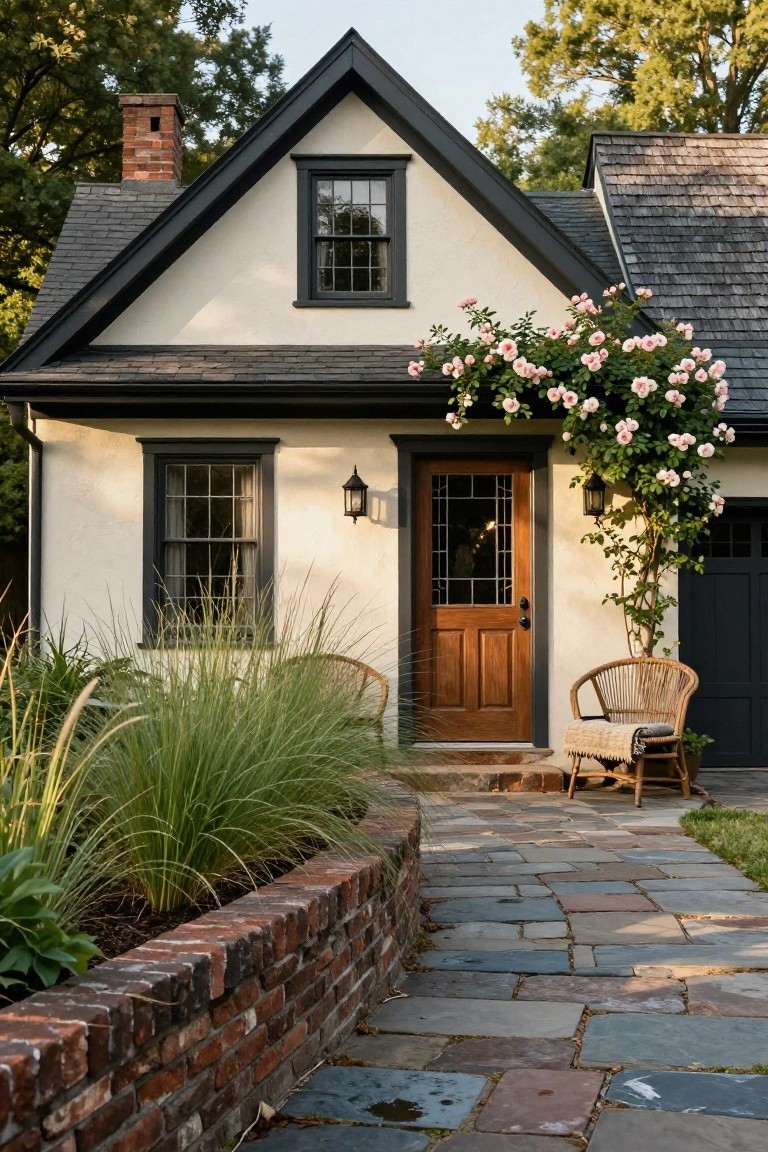 Cream stucco colonial cottage with black trim and roof, pink climbing roses on facade, wooden front door with glass panels and lantern light, wicker chair with blanket, ornamental grasses, brick wall, and flagstone path.
