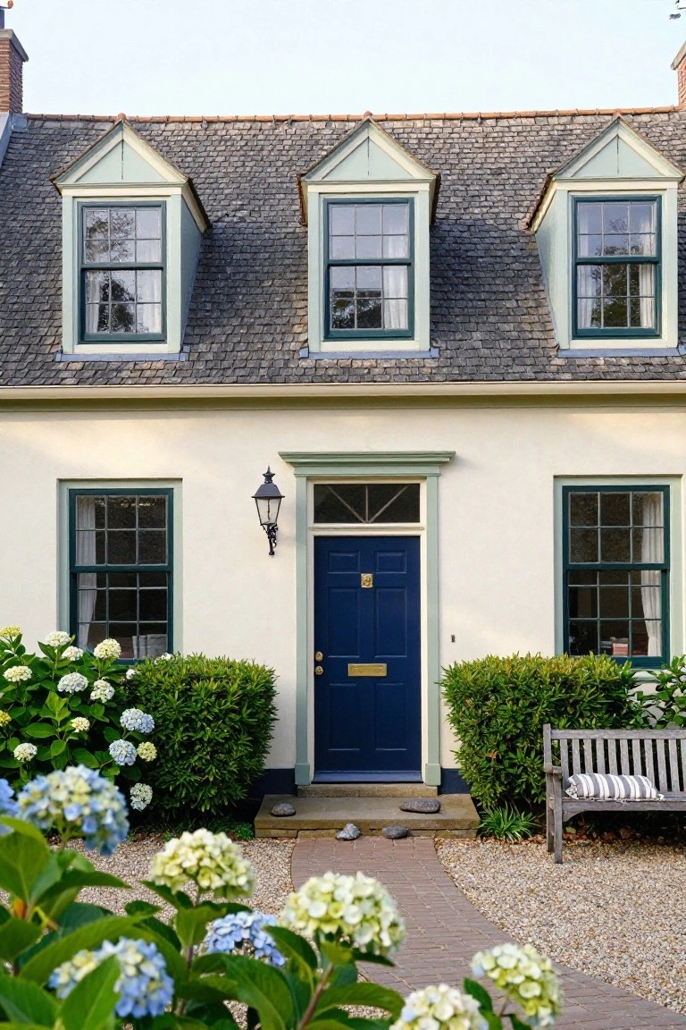 Cream-colored colonial house with green window frames, dormer windows, navy blue front door, hydrangea bushes, boxwood shrubs, wooden bench, and brick path.