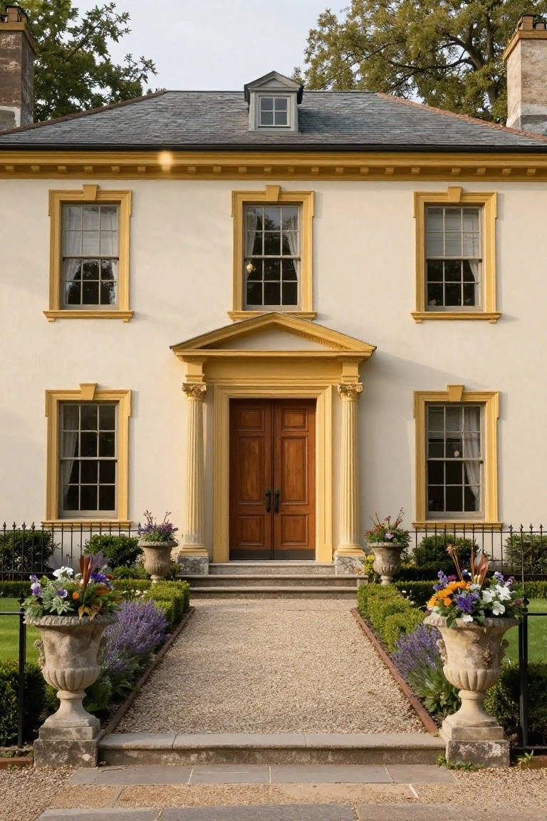 A two-story colonial house with cream walls, yellow window and door trim, central pedimented entry with columns and double doors, gravel pathway, and urns of flowers.