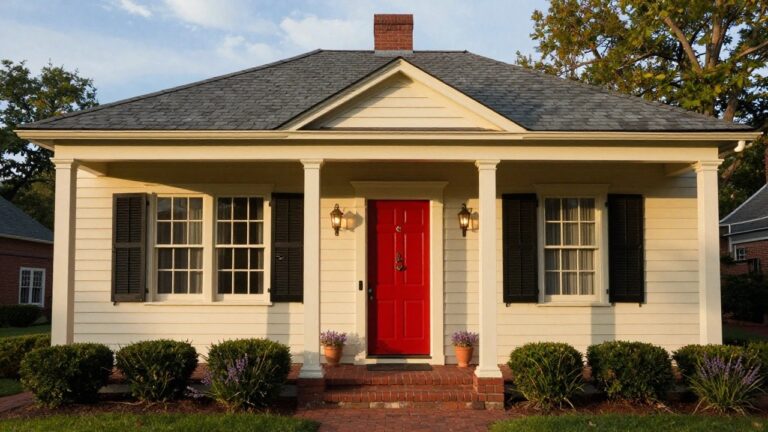 Two-story colonial house with cream clapboard siding, black shutters on multi-pane windows, white pedimented porch with columns, red front door with brass knocker, lanterns, potted lavender plants, and brick path.