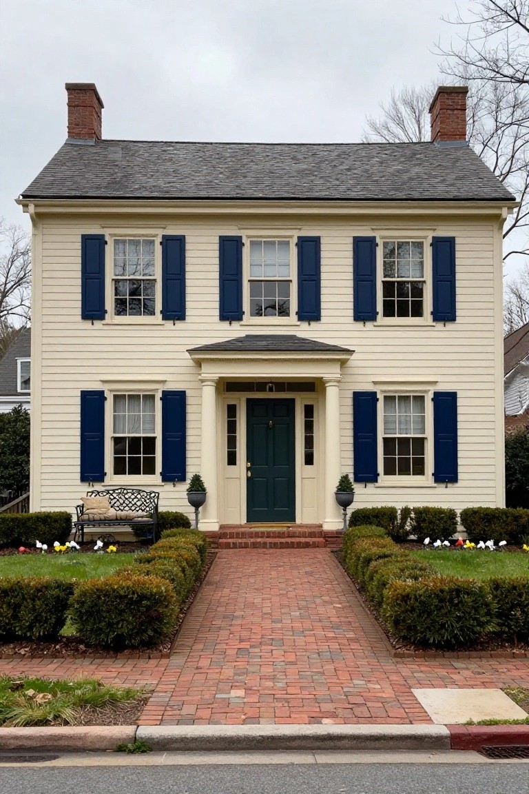 Two-story colonial house painted pale yellow-cream with navy blue shutters, dark green front door, columned portico, brick walkway, boxwood hedges, and flower accents in the front yard.