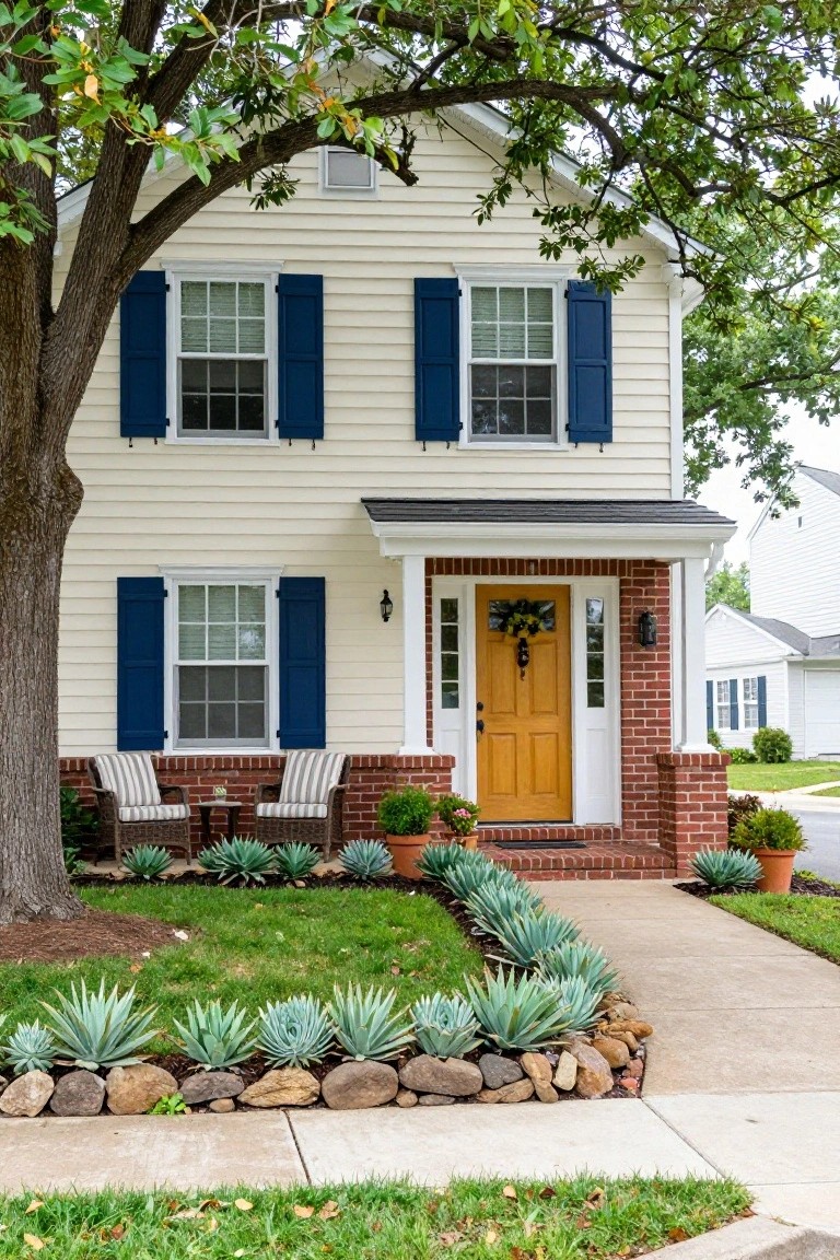 Two-story cream-colored colonial house with navy blue shutters, yellow front door on a brick porch, wicker chairs, potted plants, agave border along the sidewalk, and a large tree in the front yard.