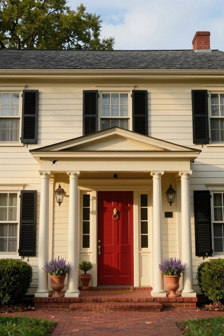 Two-story colonial house with cream clapboard siding, black shutters on multi-pane windows, white pedimented porch with columns, red front door with brass knocker, lanterns, potted lavender plants, and brick path.