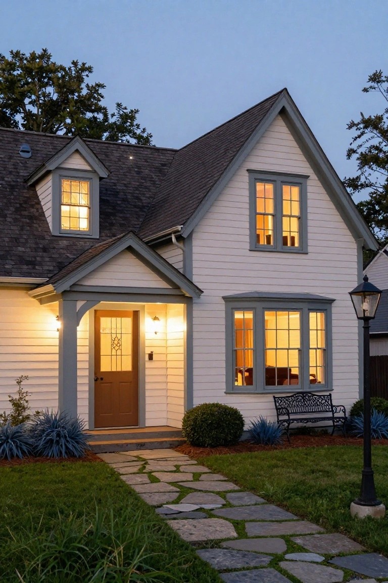 Colonial-style house exterior in cream siding with gray trim and roof, front porch with wood door, lit windows, stone pathway, blue agave plants, bench, and lamp post at dusk.