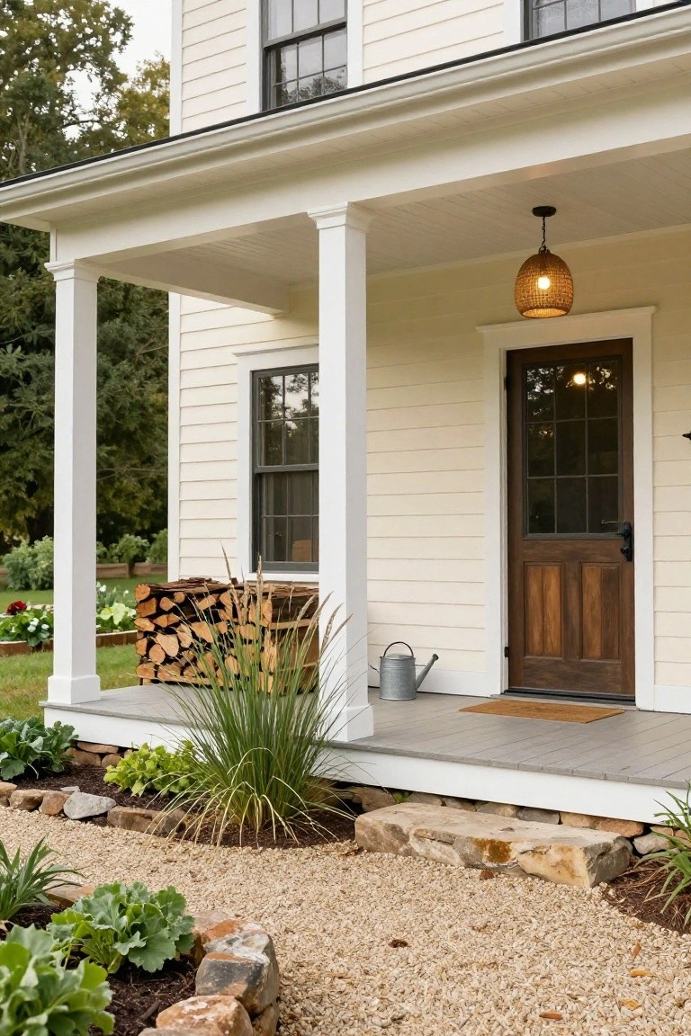 Cream clapboard colonial house exterior with covered porch, white columns, dark wood paneled front door with glass panels, firewood stack, metal watering can, and gravel garden bed with plants.