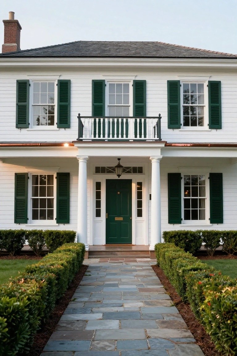White two-story colonial house with green shutters on multipane windows, green front door, white Doric porch columns, copper roof flashing, and manicured boxwood hedges bordering a flagstone pathway.