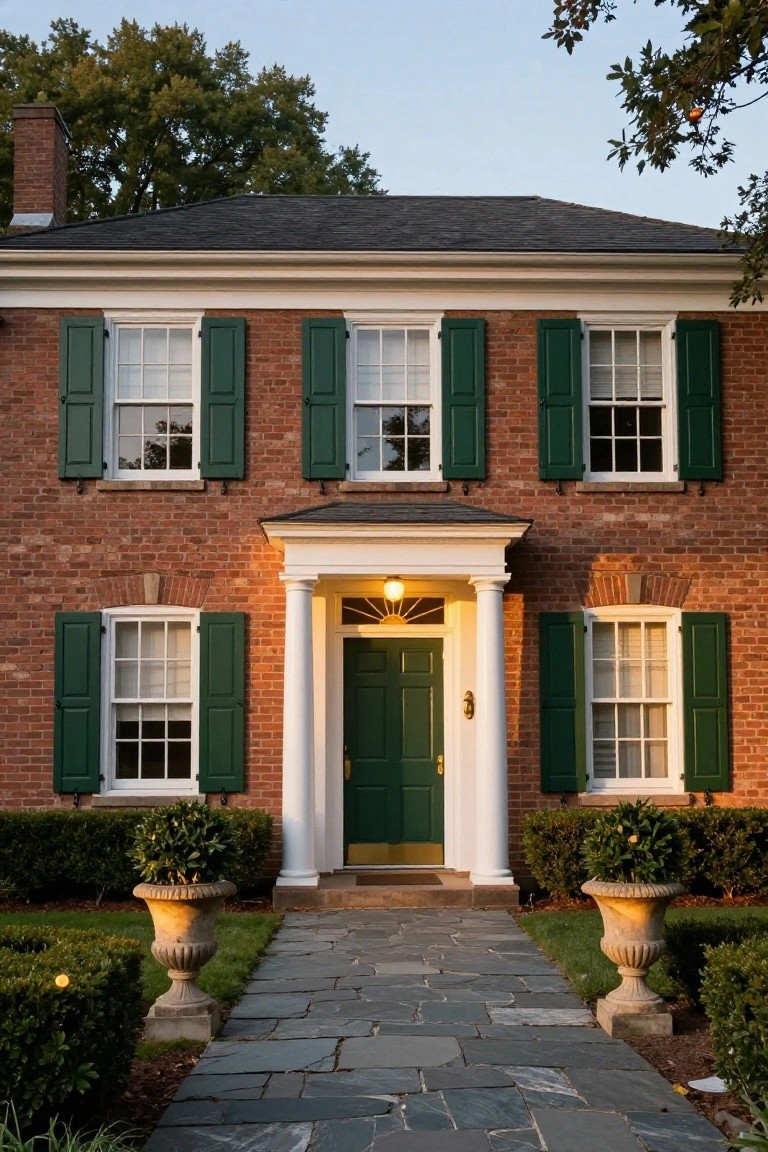 Two-story red brick colonial house with green shutters on multi-pane windows, white portico with columns and green front door, stone walkway, and urn planters with shrubs.