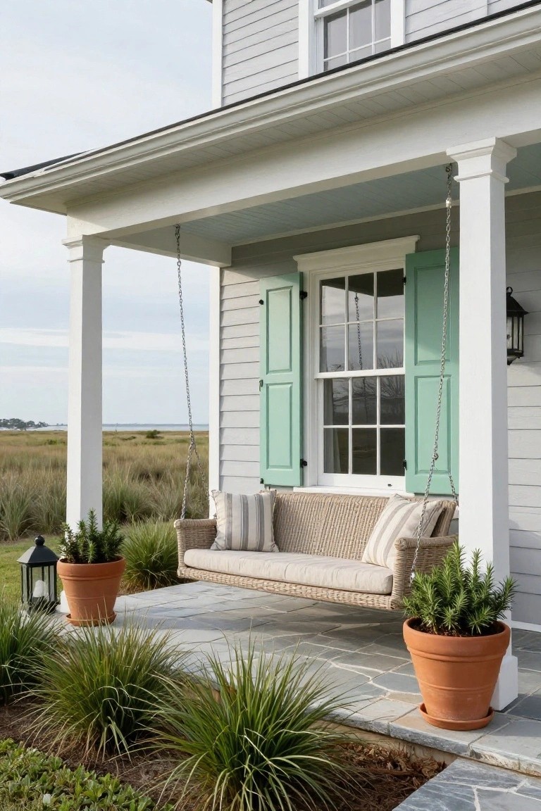 Light gray clapboard house exterior with green shutters on a double-hung window, white porch columns supporting a hanging beige cushioned swing, potted plants and lanterns on a stone porch floor, with marsh landscape in the background.