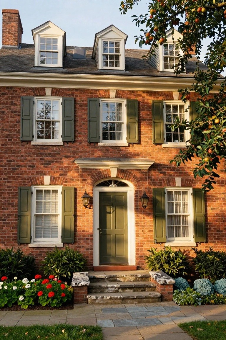 A two-story red brick colonial house with green shutters on multi-pane windows, white trim, a green front door with lanterns, stone steps, and front landscaping including geraniums, shrubs, and hydrangeas under a tree with apples.