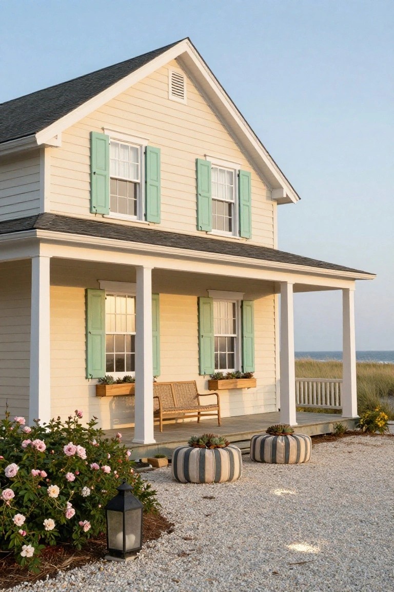 Two-story house with pale yellow siding, green shutters on white-framed windows, covered porch with columns, rattan bench and chairs, wooden planter boxes with succulents, striped round poufs, rose bushes, black lantern, on gravel near beach dunes and ocean.