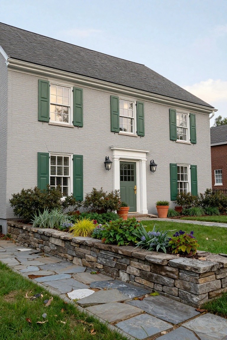Two-story gray brick colonial house with green shutters on multi-pane windows, white trim, green paneled front door flanked by lanterns, stone retaining wall with plants and pots, and irregular flagstone path.
