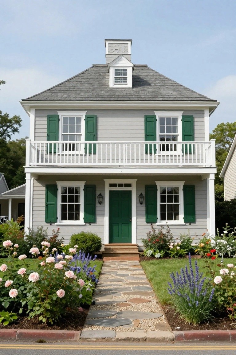 Two-story colonial house with gray clapboard siding, green shutters on multiple windows, green front door, white porch railing and balcony, flanked by gardens and a stone walkway.