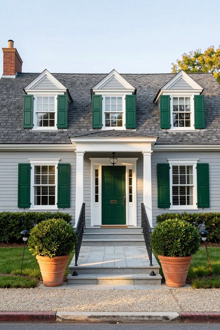 Two-story Colonial house with light gray clapboard siding, green shutters on white-framed windows, green front door under white portico with columns, brick chimney, slate roof, flanked by boxwood topiaries in terracotta pots on gravel path.