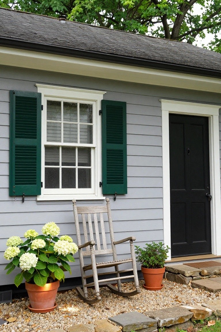 Gray clapboard house exterior with green shutters flanking a white-framed double-hung window, black front door, wooden rocking chair, large potted hydrangea, smaller potted plant on gravel patio with stone steps and trees in background.