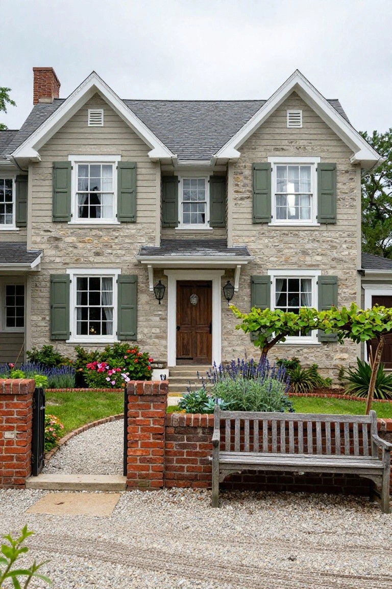Two-story colonial house exterior with light gray siding and stone base, green shutters on white-framed windows, wooden front door with lanterns, brick wall and gate, gravel path, bench, and front garden plantings under a cloudy sky.