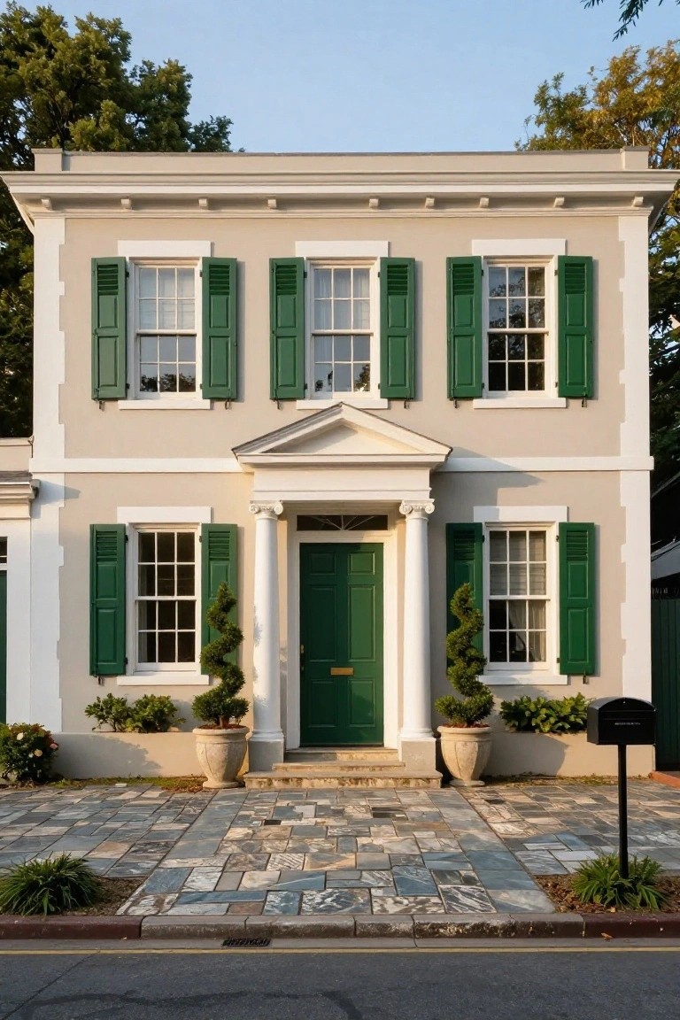 A two-story beige colonial house with green louvered shutters on multi-pane windows, a centered green front door flanked by white columns, potted spiral topiaries, and a slate stone pathway leading to the entry.