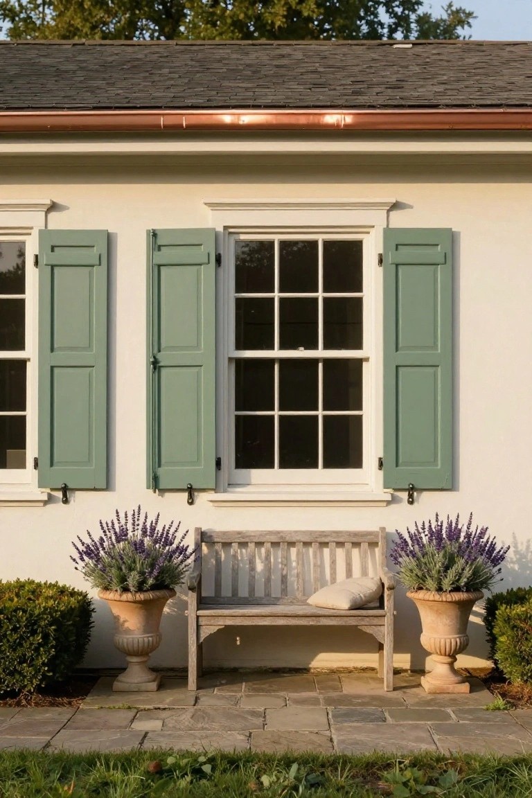 Beige colonial house exterior with green shutters flanking a central multi-pane window, wooden bench with cushion between matching lavender urns on a stone patio, copper gutters and trees in background.
