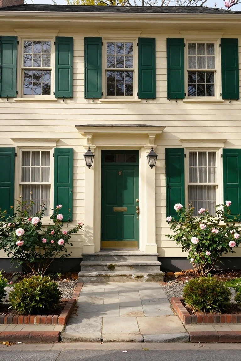 Two-story colonial house with pale yellow clapboard siding, dark green shutters on multi-pane windows, dark green front door flanked by lanterns, pink rose bushes and boxwood shrubs along brick-edged stone steps.