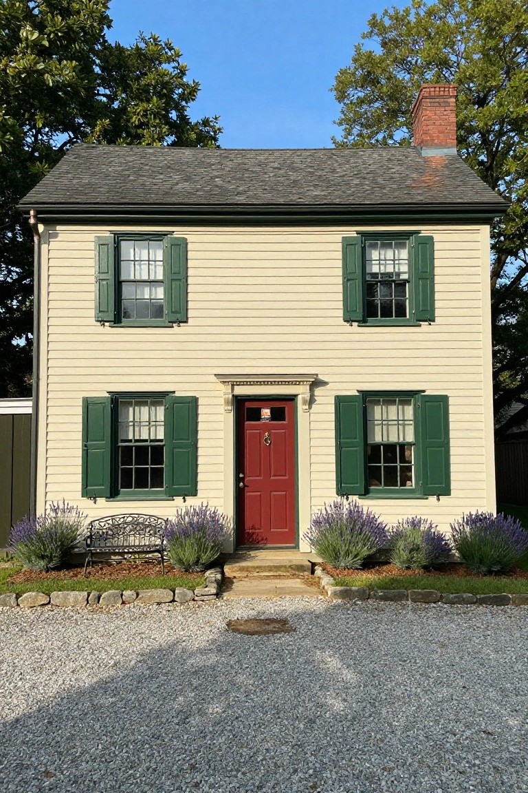 Two-story beige colonial house with green shutters on all windows, red front door, lavender plants and bench at entry, gravel driveway, trees in background.