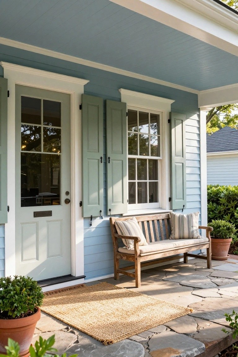 Colonial house porch with light blue siding, green shutters flanking a white door and windows, wooden bench with cushions, potted plants, seagrass rug, and stone paver floor under a blue ceiling.