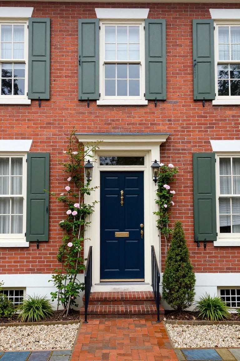 Two-story red brick colonial house with green shutters on white-trimmed windows, dark blue front door, pink climbing roses on white columns, brick steps, and small evergreen shrubs beside a brick walkway.