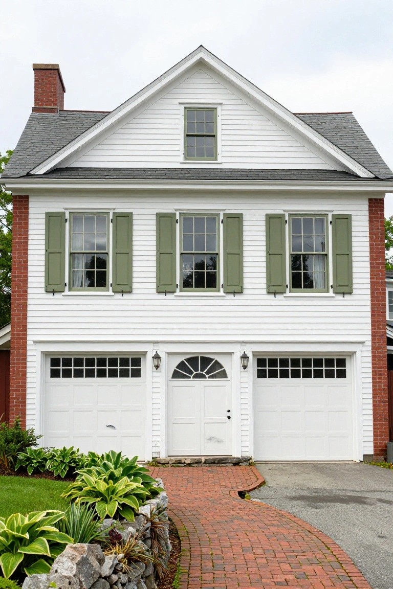 Two-story colonial house with white clapboard siding, green shutters on multiple windows, red brick side walls and chimney, white double garage doors, arched entry door with fanlight, and brick pathway with stone wall and hosta plantings.