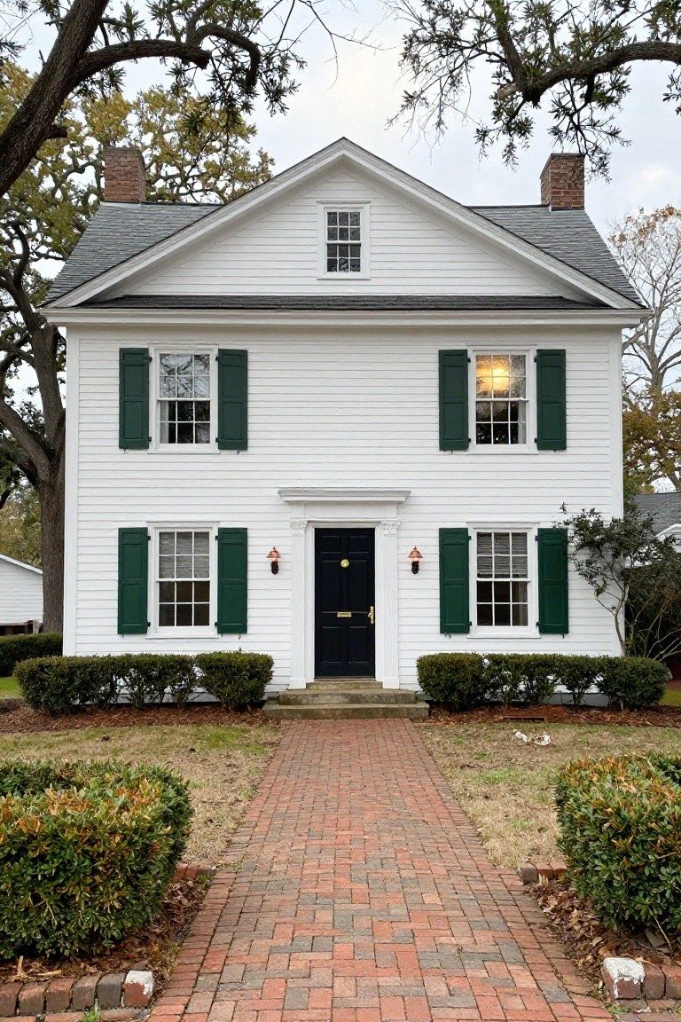 Two-story white clapboard colonial house with gabled roof, green shutters on multi-pane windows, black front door, brick pathway, boxwood shrubs at entrance, and large oak trees nearby.