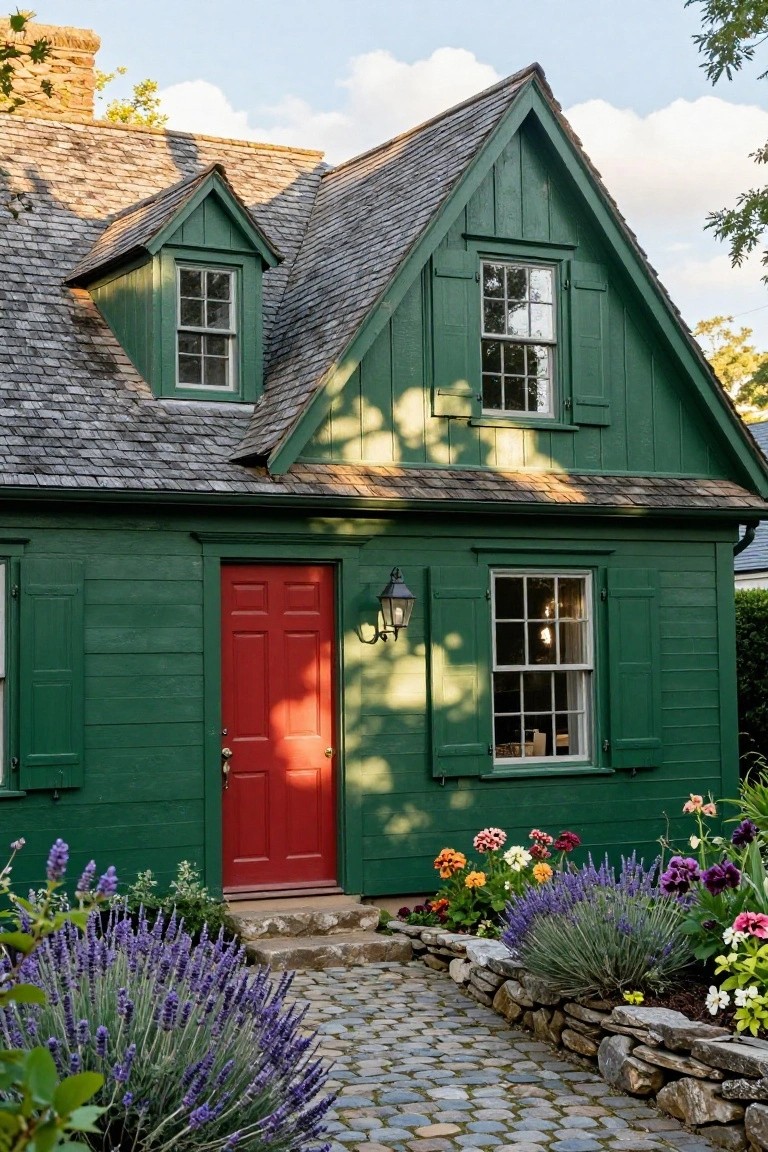 Green clapboard colonial house with matching green shutters, red front door, black lantern, slate roof, dormer window, flower beds, lavender plants, and cobblestone path.