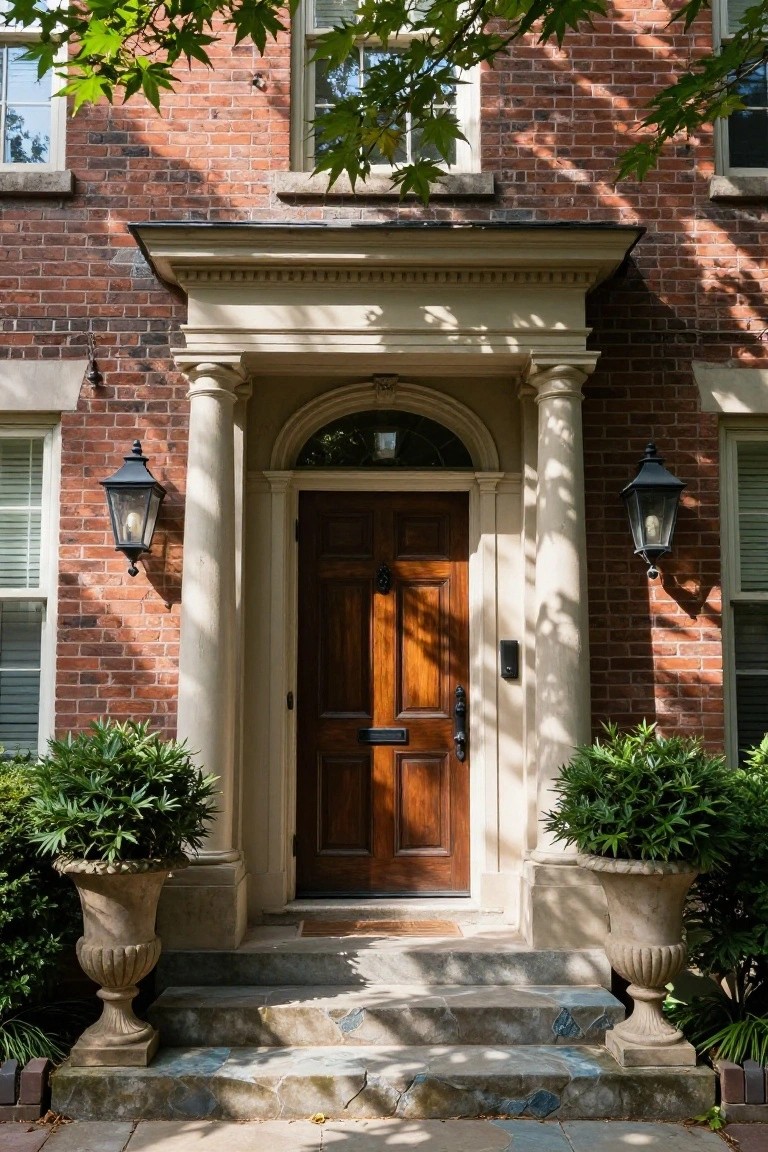 Red brick colonial house exterior with a white classical portico featuring fluted columns, arched doorway, wooden front door, lanterns, potted plants in urns, and stone steps.