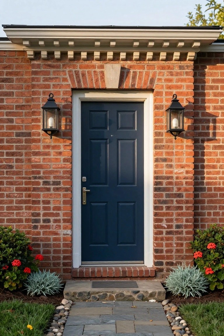 Navy blue six-panel front door centered in red brick wall under white pedimented entablature, flanked by black lanterns, with red geraniums, silver-leaf plants, and stone pathway with gravel edging.