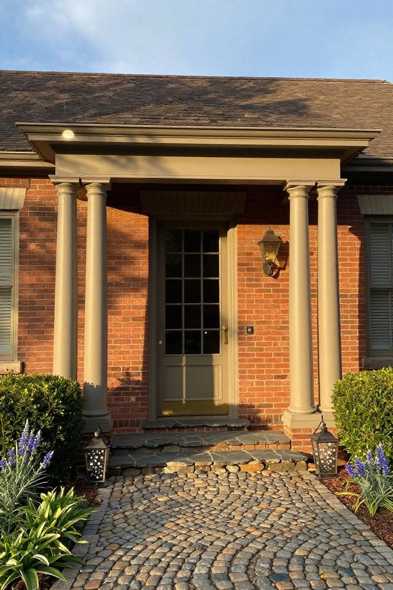 Brick colonial house exterior with beige portico supported by two fluted columns framing a green nine-pane door, wall lanterns, stone steps, cobblestone path, and low plantings on both sides.