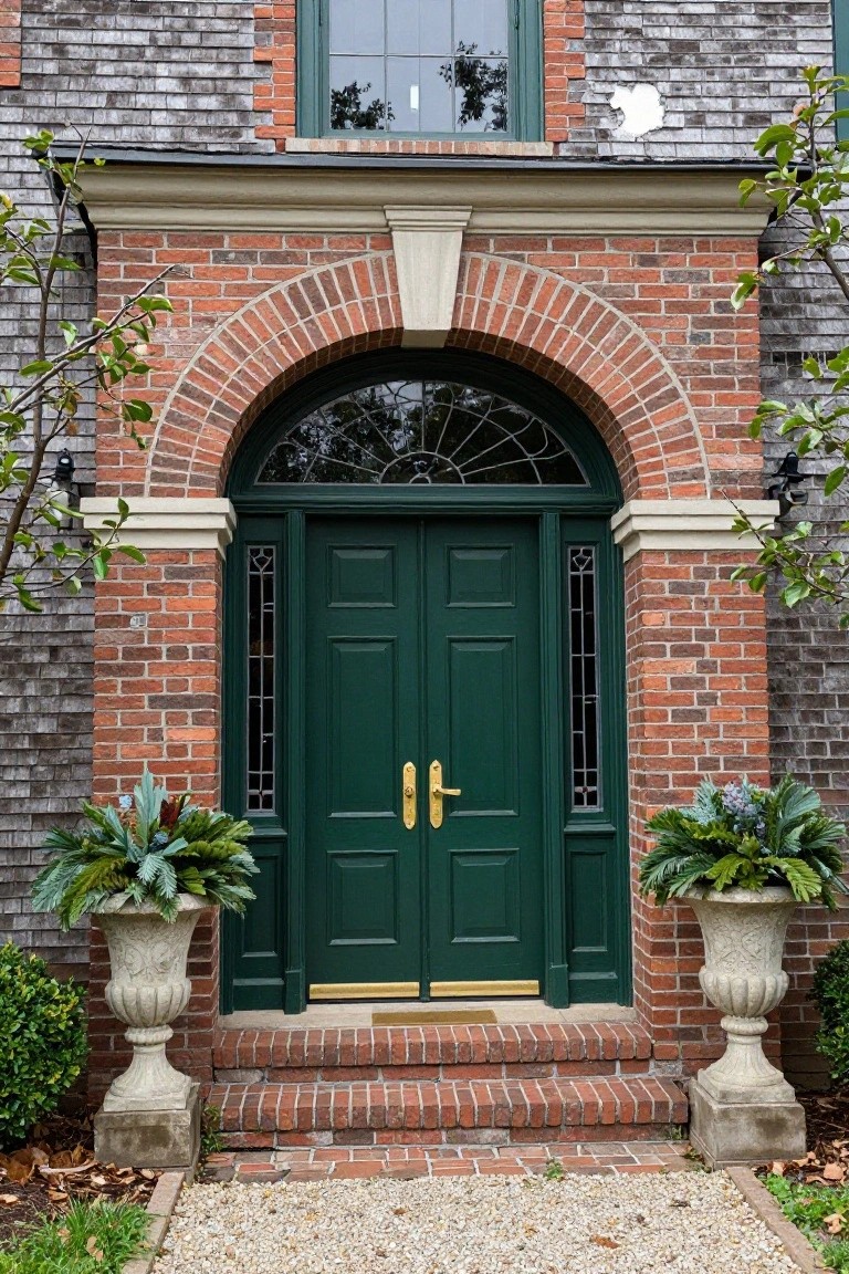 Colonial house exterior with a red brick archway over a dark green double door entry, flanked by large stone urns planted with greenery, on a facade mixing brick and shingle siding.