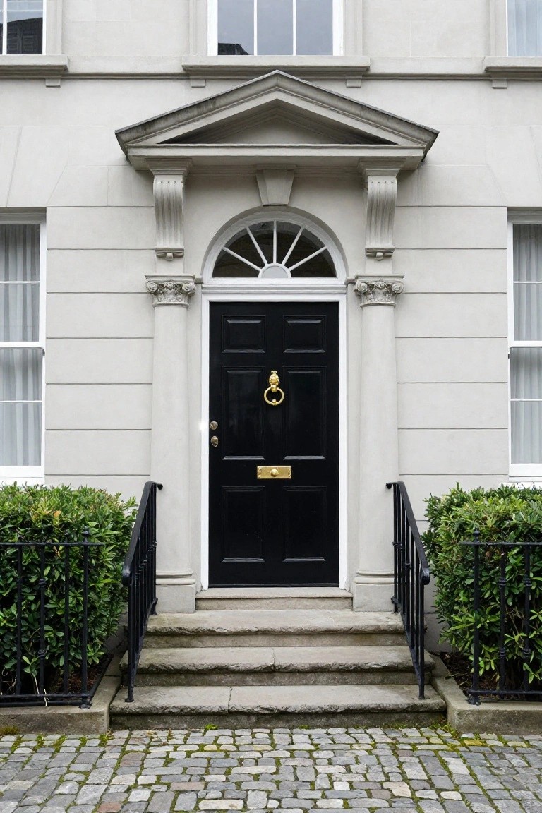 Pale stone townhouse facade with black front door featuring brass lion knocker and letterbox under a pedimented portico supported by columns, flanked by iron-railed steps and boxwood shrubs on a cobblestone path.