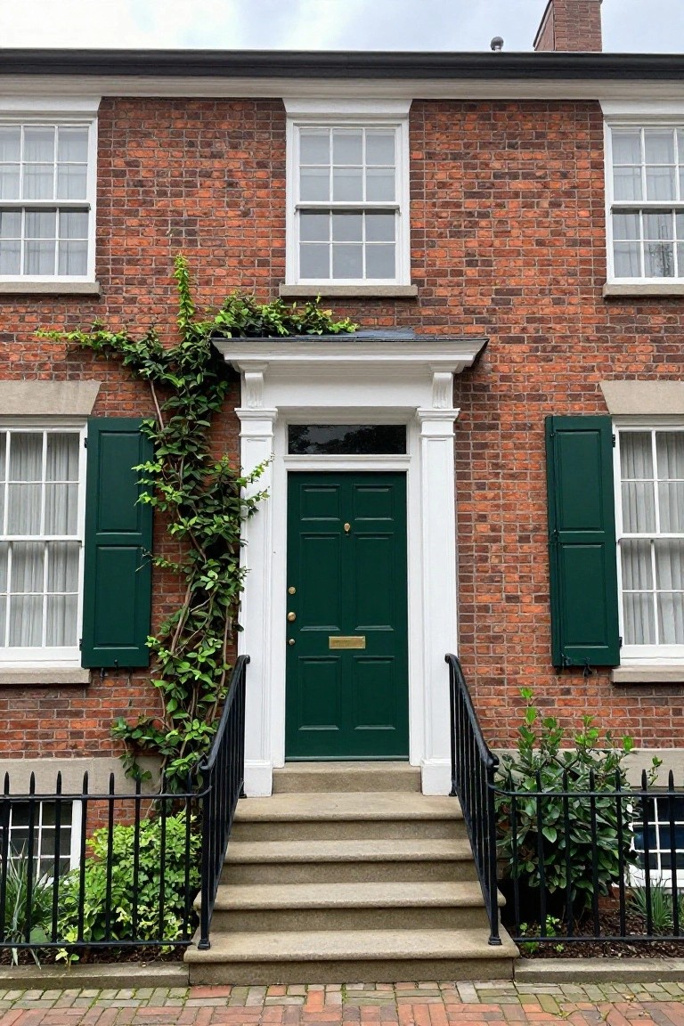 Red brick two-story house exterior featuring a white pedimented portico with columns over a green front door, flanked by green shutters on windows, ivy climbing one side, black iron railing on steps, and brick pathway.