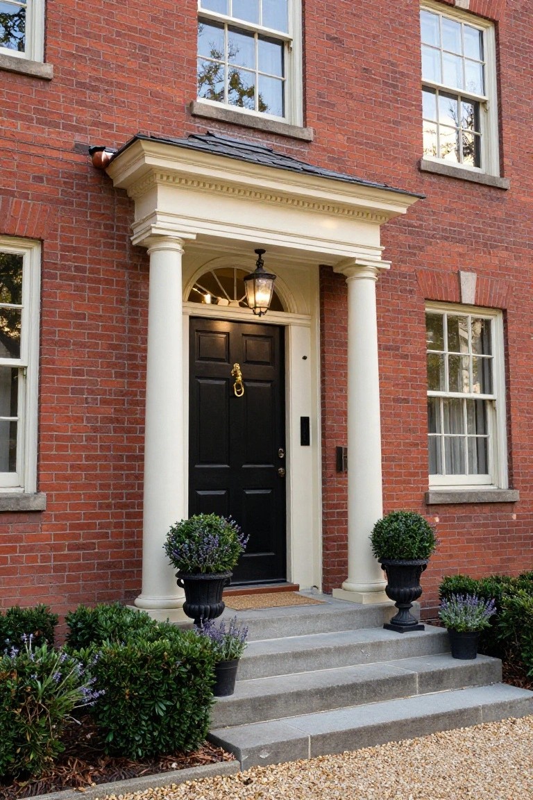 Red brick colonial house exterior with white pedimented portico supported by two fluted columns, black front door with brass lion knocker, potted topiary shrubs and lavender plants flanking stone steps leading to gravel driveway.
