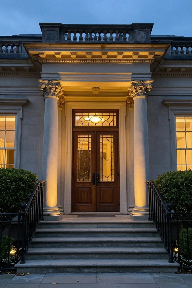 Colonial-style house facade with pedimented portico supported by two tall fluted columns, wooden double doors with leaded glass panels, stone steps with black iron railings, boxwood shrubs, and landscape lighting at dusk.