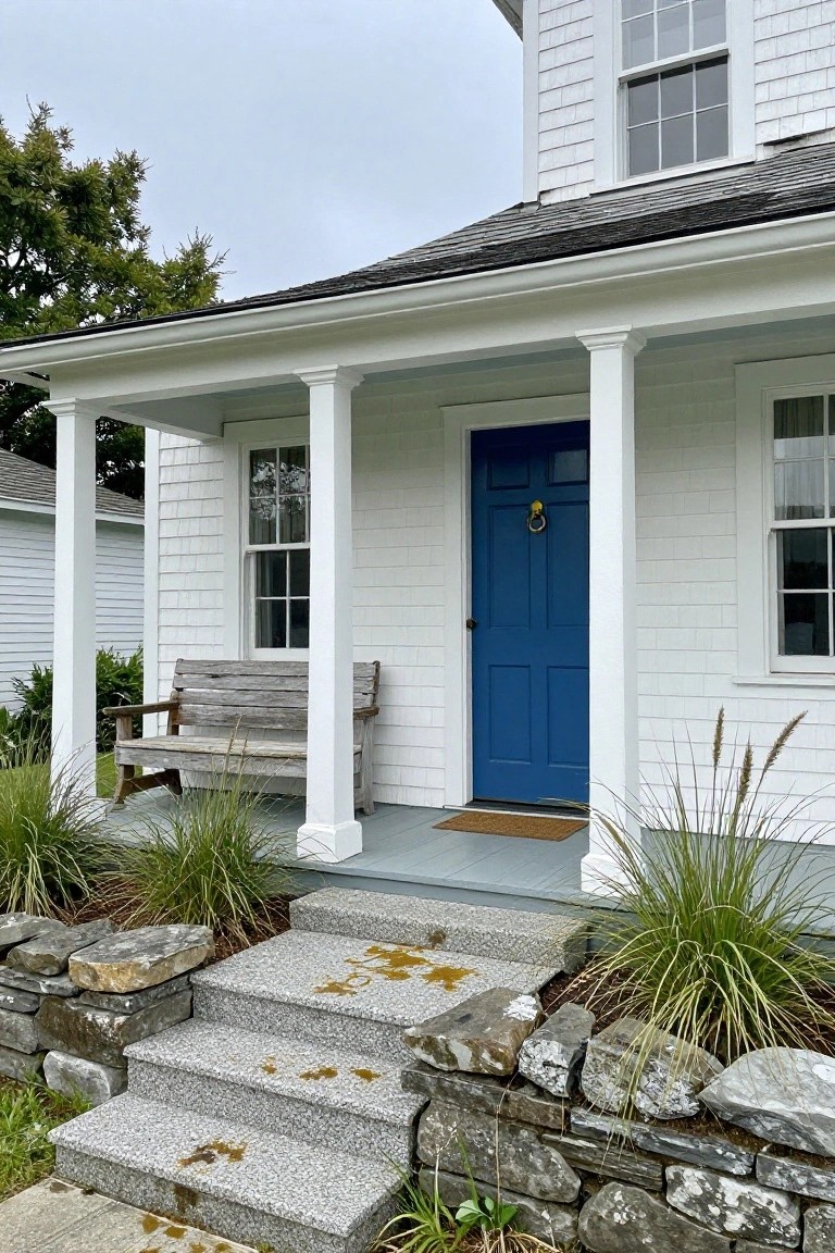 White shingle-style colonial house with covered front portico, white columns, navy blue paneled door with brass knocker, wooden bench on porch, granite steps, stone retaining wall, and ornamental grasses.