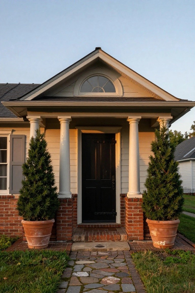 Beige colonial-style house exterior with a gabled portico supported by two white columns, black front door, potted evergreen trees in terracotta pots on brick bases, and a stone walkway leading from the grass.