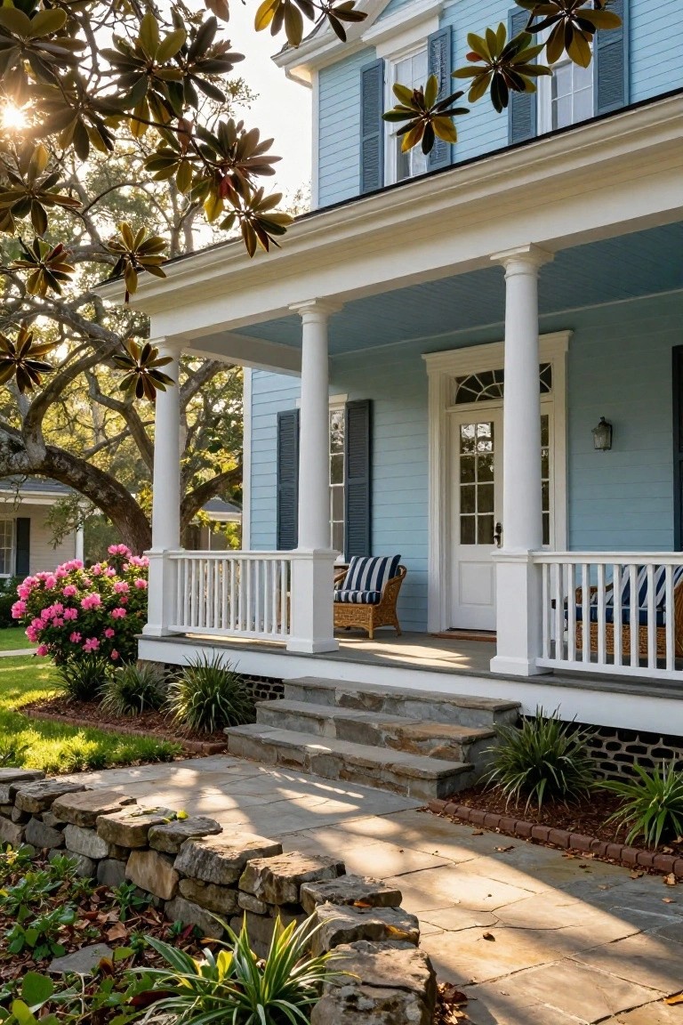 Light blue clapboard colonial house with raised front porch supported by white columns, double white doors, wicker chairs with striped cushions, stone steps, and surrounding garden plantings.