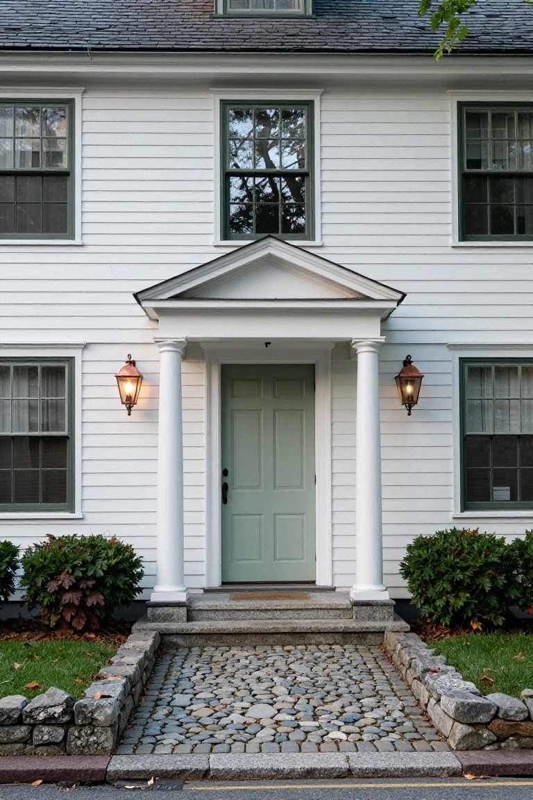 White clapboard Colonial house with a front portico supported by fluted white columns, sage green door, copper lanterns on each side, shrubs, cobblestone path, and stone retaining walls.