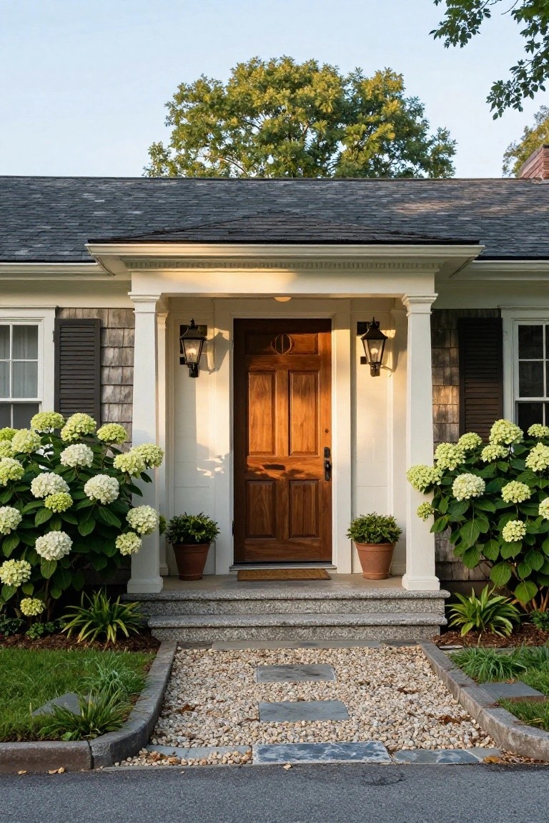 Colonial house exterior with gray shingle siding, white portico supported by columns, wooden front door, lanterns, white hydrangeas in pots on stone steps, gravel path, and grass edging.