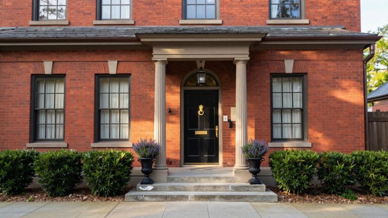 Red brick colonial house exterior with white pedimented portico supported by two fluted columns, black front door with brass lion knocker, potted topiary shrubs and lavender plants flanking stone steps leading to gravel driveway.